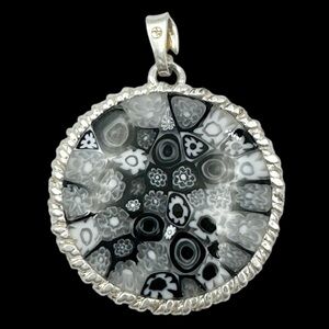 Millefiori Pendant Stamped Italian Sterling Silver 925 Black White Glass